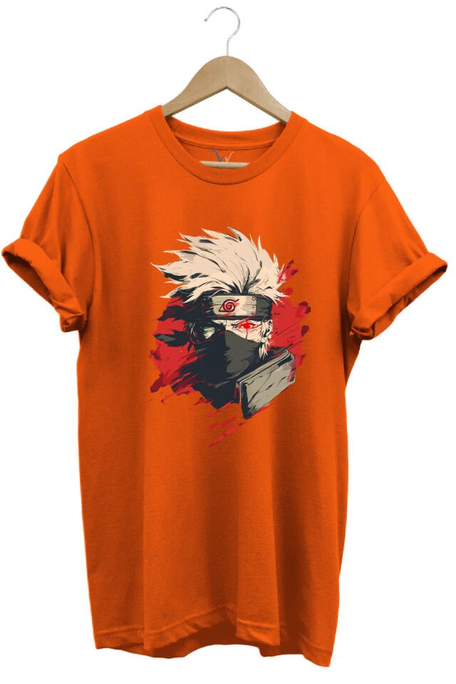 Unisex Streetwear Anime Manga Baskılı Şık Tasarımlı %100 Pamuk Bisiklet Yaka Lacivert T-shirt Turuncu - XL