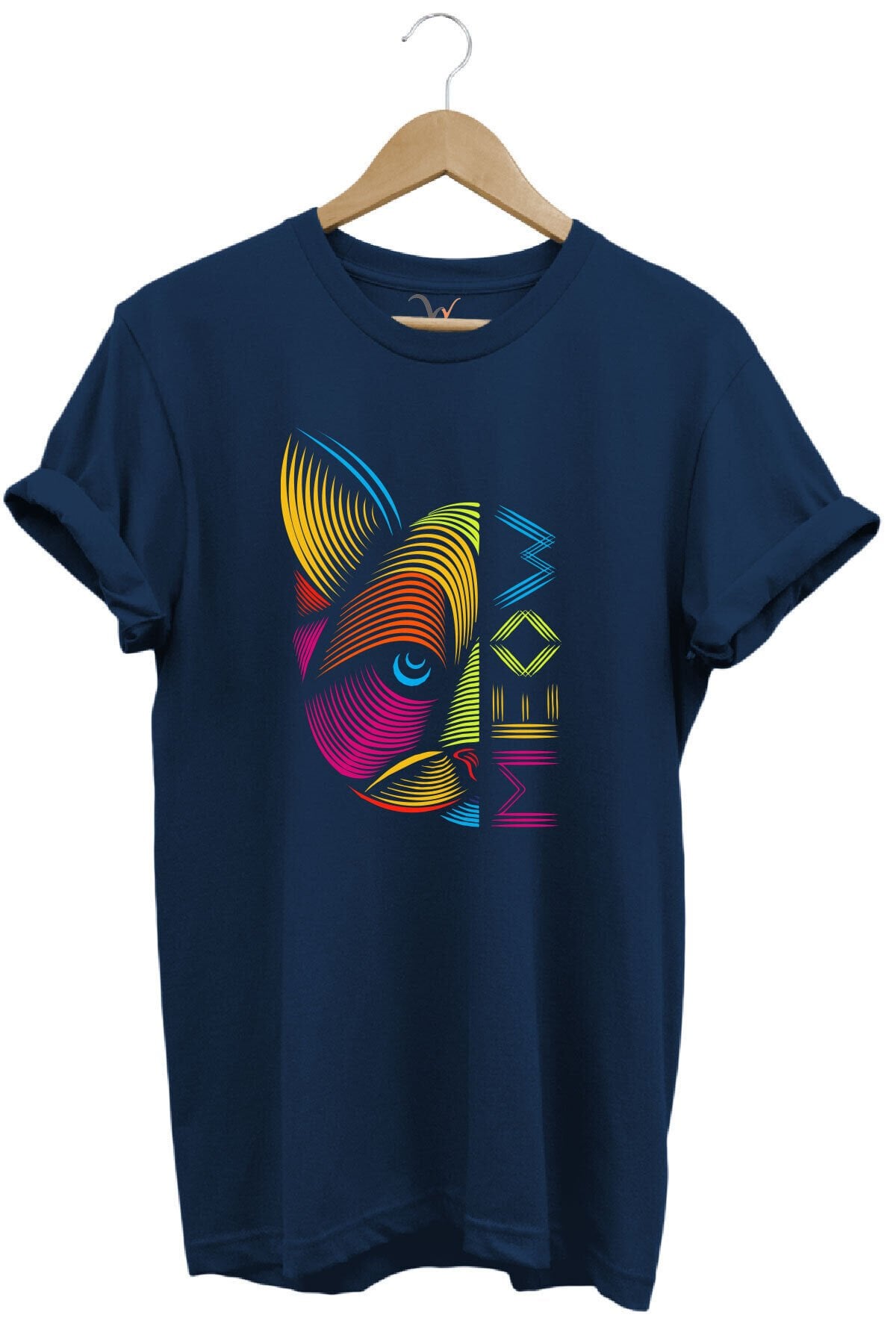 MEOW Renkli Geometrik Kedi Baskılı %100 Pamuk Unisex Regular Fit T-Shirt Lacivert - 4XL