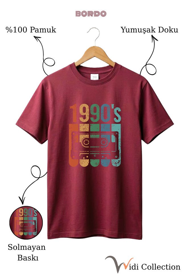 Vintage Retro 1990's Baskılı Kaset %100 Pamuk Regular Fit Bisiklet Yaka T-shirt Bordo - S