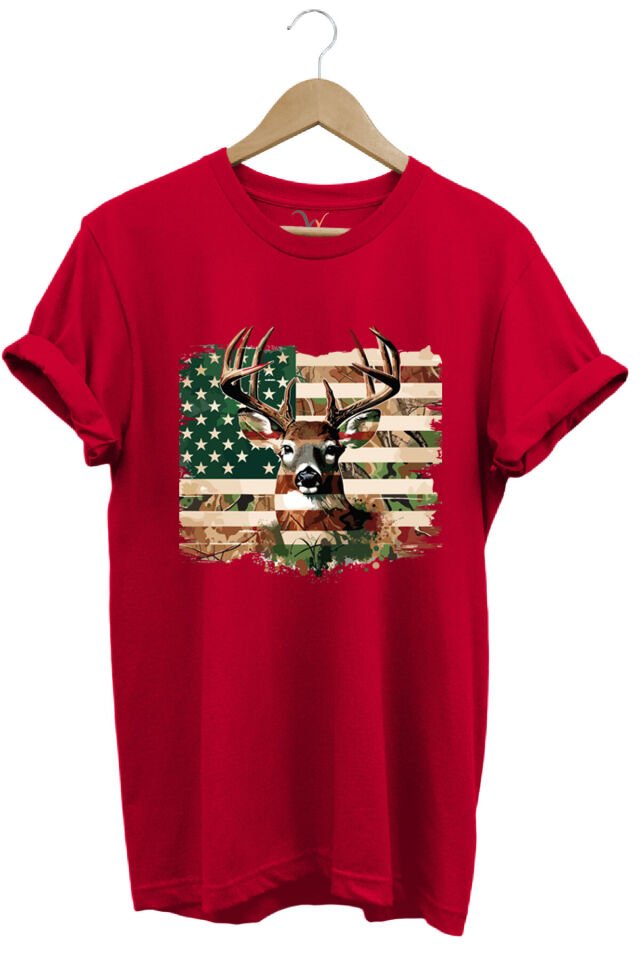 Hunting Avcılık Kamuflaj Geyik Avı Poster Baskılı %100 Pamuk Regular Fit Bisiklet Yaka Haki T-shirt Kırmızı - 3XL