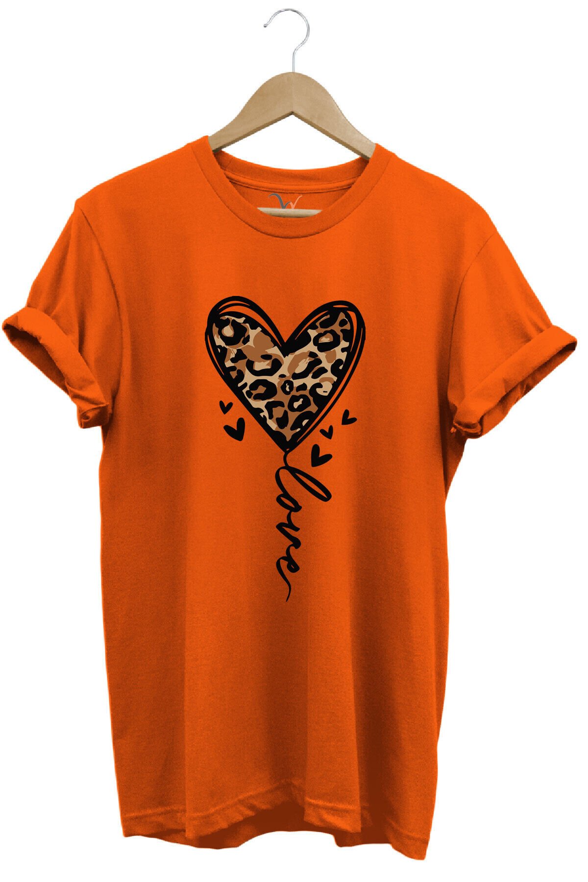 14 Şubat Sevgililer Günü Kalp Leopar Desen Baskılı %100 Pamuk Regular Fit Bisiklet Yaka T-Shirt Turuncu - 3XL