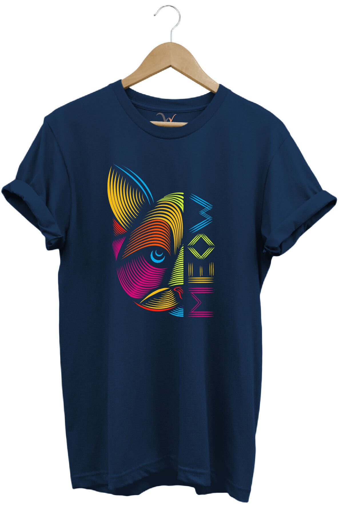 MEOW Renkli Geometrik Kedi Baskılı %100 Pamuk Unisex Regular Fit T-Shirt Lacivert - M