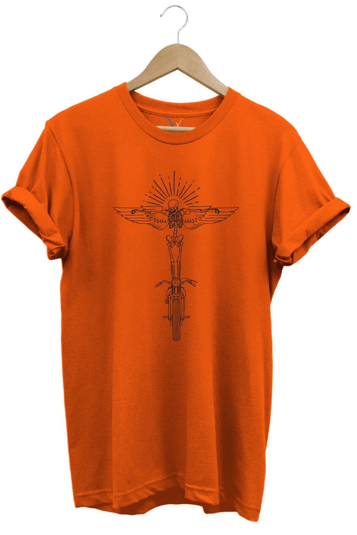 Motorcu Kanat Ve Iskelet Çizgisel Tasarım Baskılı %100 Pamuk Regular Fit Premium Beyaz T-shirt Turuncu - S
