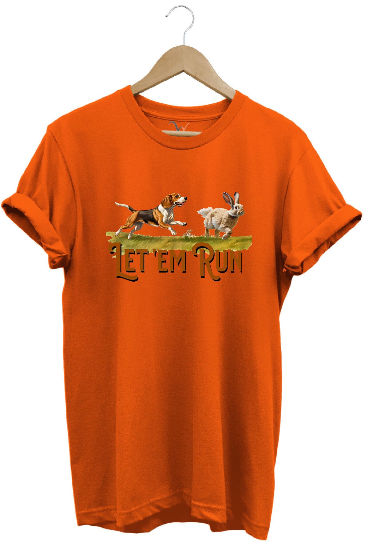Tavşan Avı Ve Avcı Köpeği Baskılı %100 Pamuk Regular Fit Bisiklet Yaka Mavi T-shirt Turuncu - S