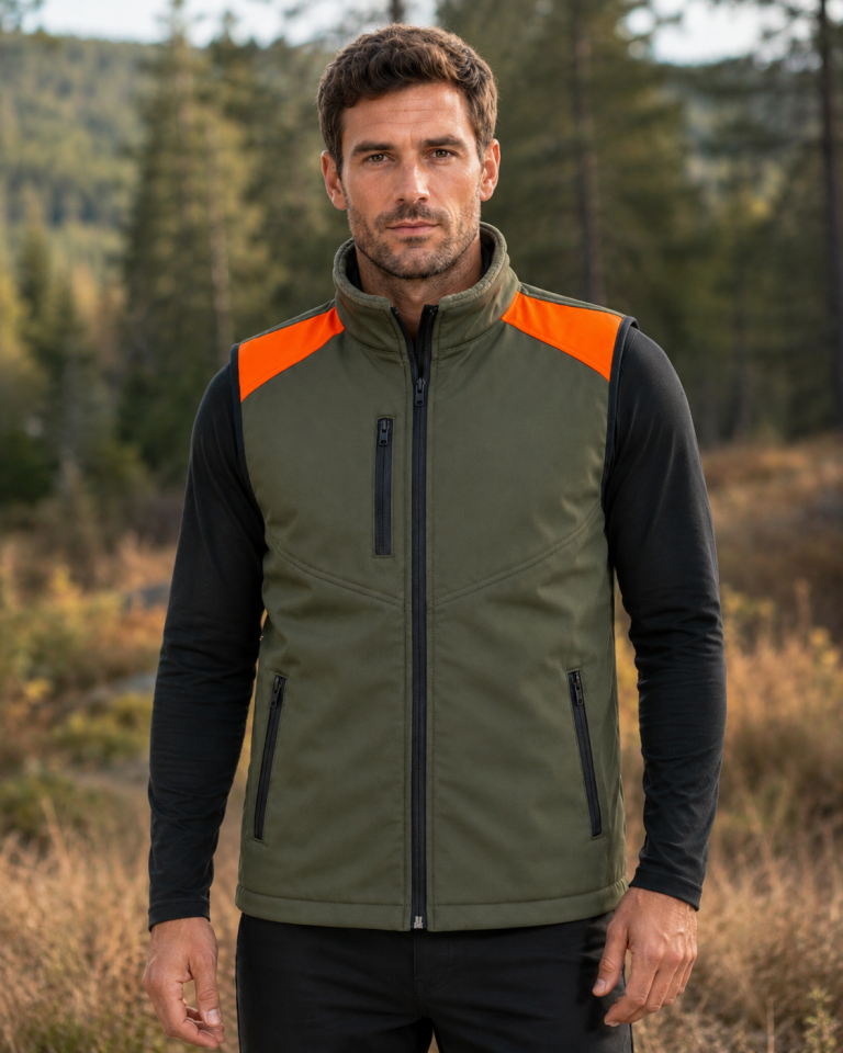 Hunting Erkek Avcı Yeleği Fermuarlı Cepli Outdoor Haki Turuncu Detaylı Yelek