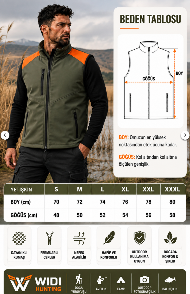 Hunting Erkek Avcı Yeleği Fermuarlı Cepli Outdoor Haki Turuncu Detaylı Yelek