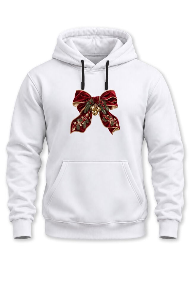 Unisex Yılbaşı Temalı Vintage Fiyonk ve Çan Baskılı Kapüşonlu Sweatshirt Hoodie