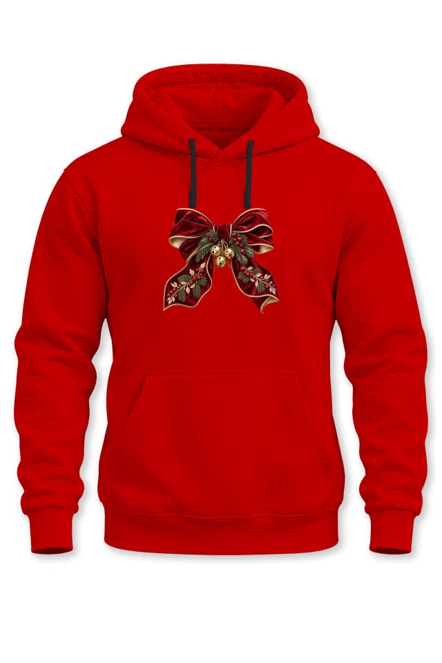 Unisex Yılbaşı Temalı Vintage Fiyonk ve Çan Baskılı Kapüşonlu Sweatshirt Hoodie
