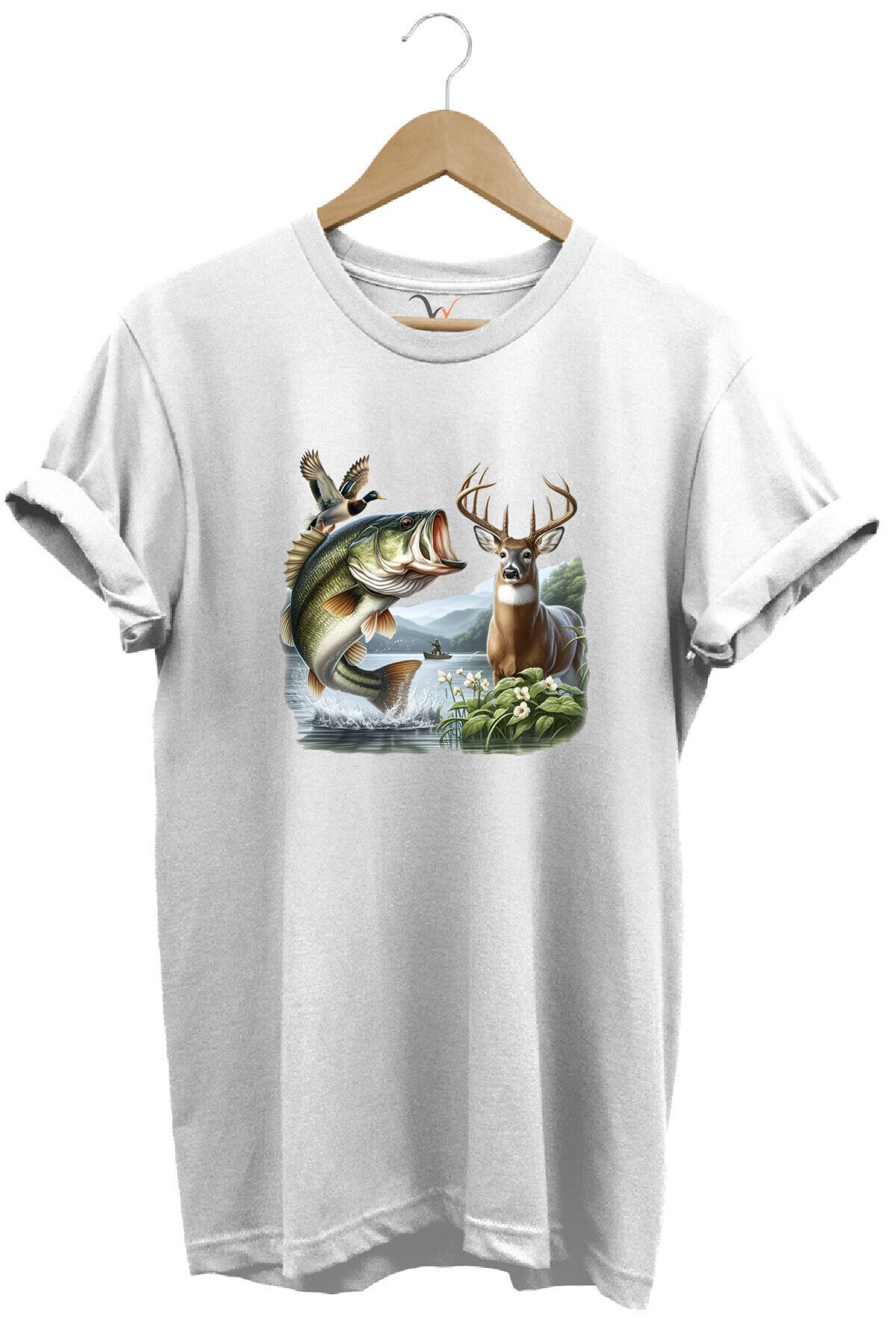Balıkçılık ve Avcılık Temalı Geyik, Ördek ve Turna Balığı Baskılı %100 Pamuk Regular Fit T-Shirt Beyaz - S