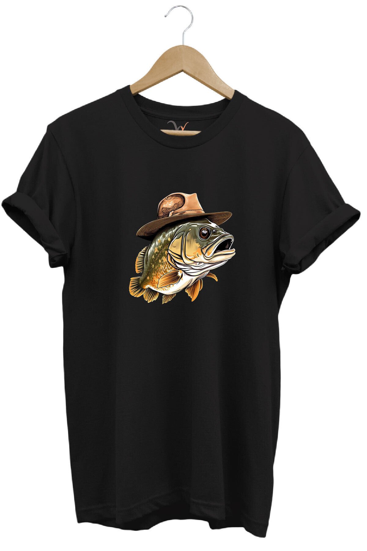 Avcılık Hunting Şapkalı Levrek Balığı Baskılı %100 Pamuk Regular Fit Bisiklet Yaka Gri T-shirt Siyah - M