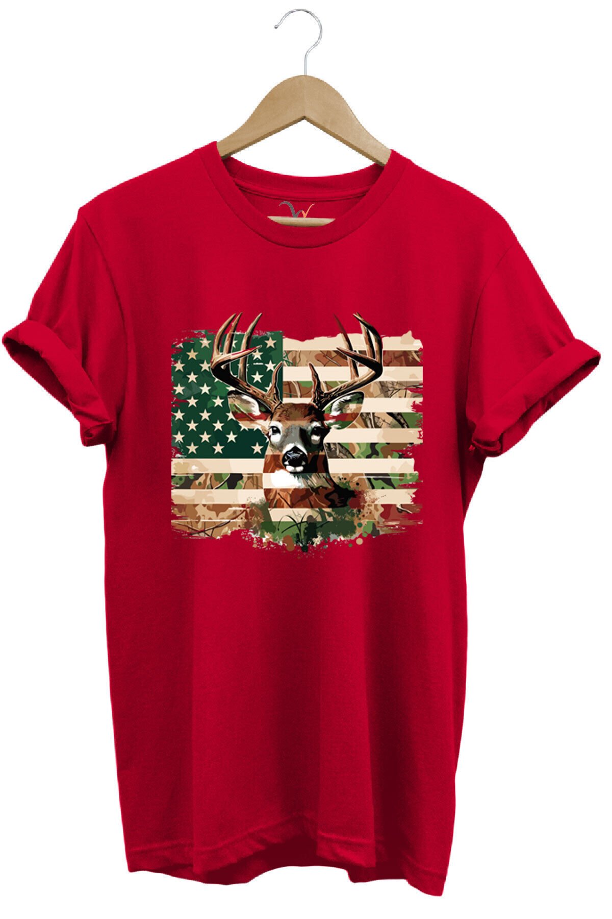 Hunting Avcılık Kamuflaj Geyik Avı Poster Baskılı %100 Pamuk Regular Fit Bisiklet Yaka Haki T-shirt Kırmızı - M