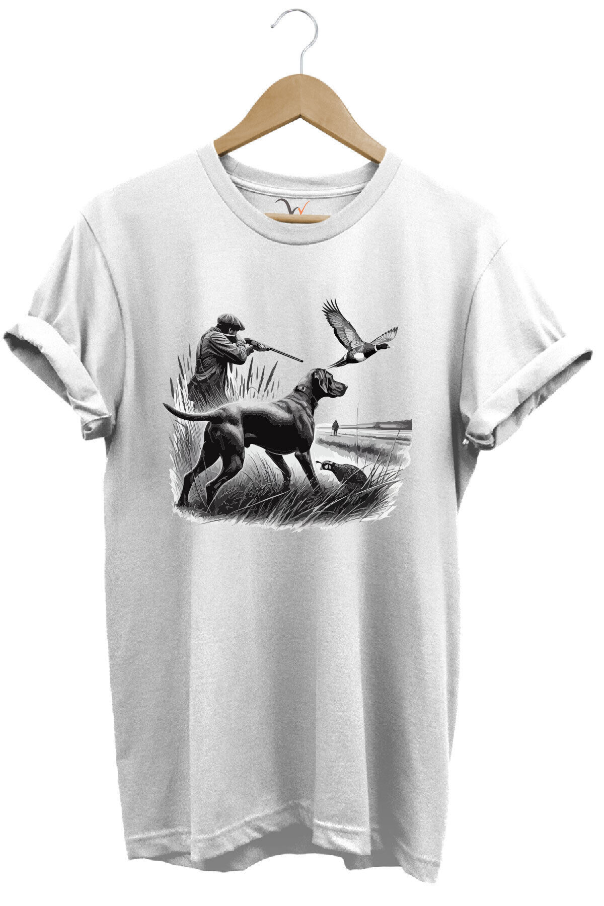 Avcılık Temalı Kuş Avı Ve Av Köpeği Baskılı %100 Pamuk Regular Fit Beyaz T-shirt