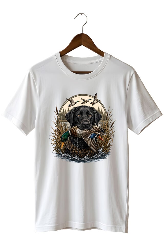 Erkek Av Köpeği Ördek Avı Baskılı T-Shirt – Outdoor Avcılık Temalı Bisiklet Yaka Kısa Kollu