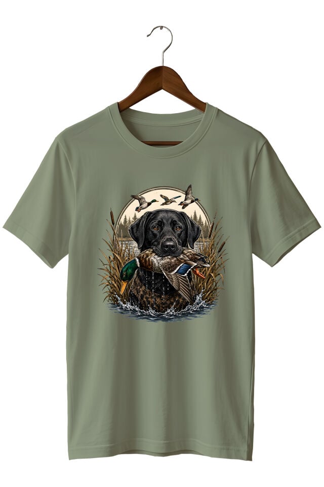 Erkek Av Köpeği Ördek Avı Baskılı T-Shirt – Outdoor Avcılık Temalı Bisiklet Yaka Kısa Kollu