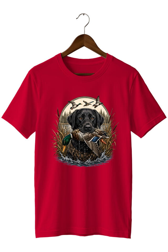 Erkek Av Köpeği Ördek Avı Baskılı T-Shirt – Outdoor Avcılık Temalı Bisiklet Yaka Kısa Kollu