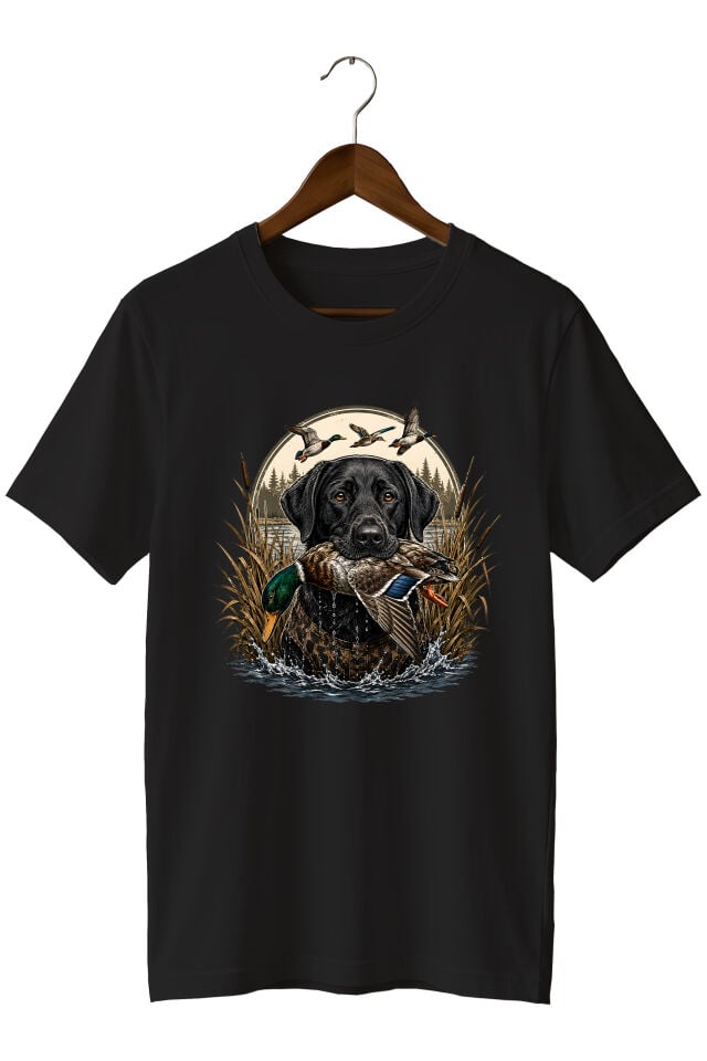 Erkek Av Köpeği Ördek Avı Baskılı T-Shirt – Outdoor Avcılık Temalı Bisiklet Yaka Kısa Kollu