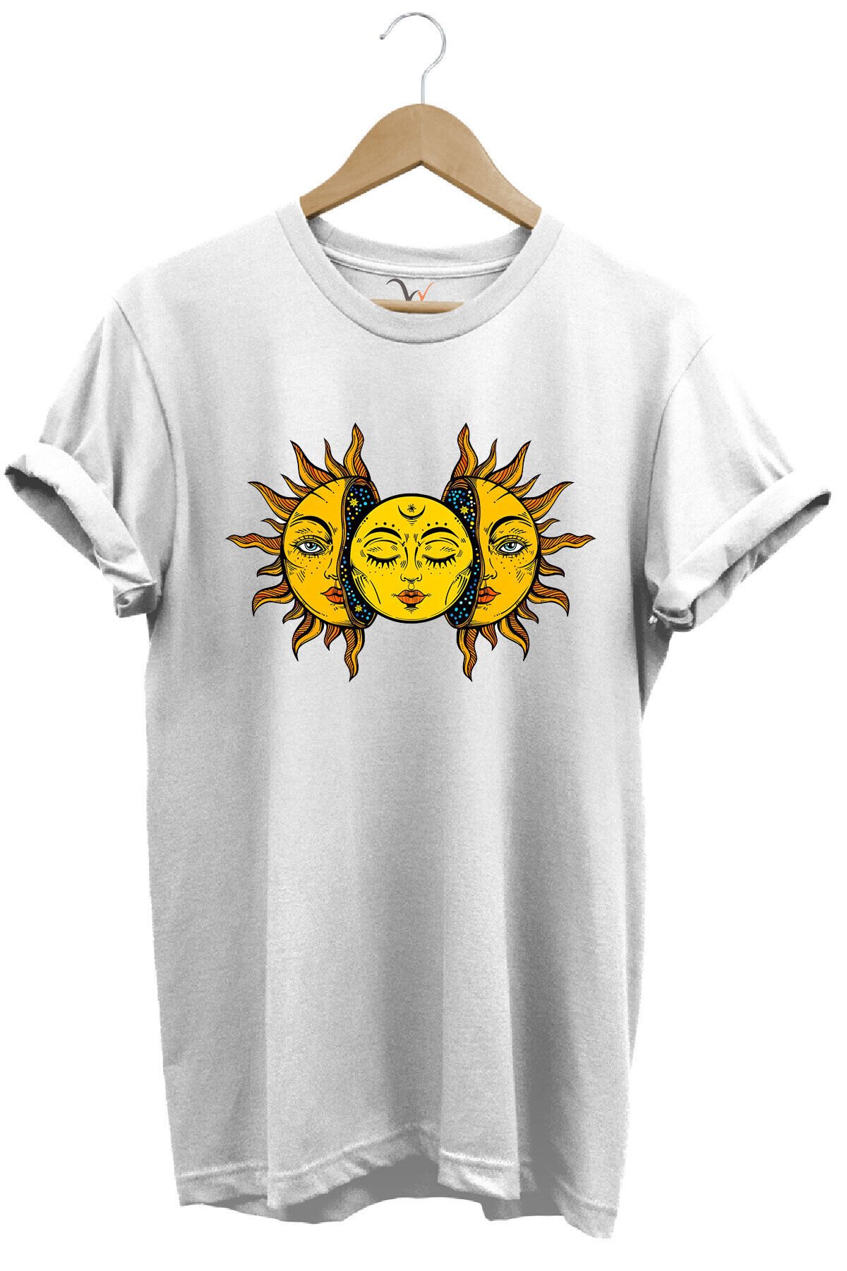 Güneş Baskılı %100 Pamuk Regular Fit Unisex T-Shirt Beyaz - S