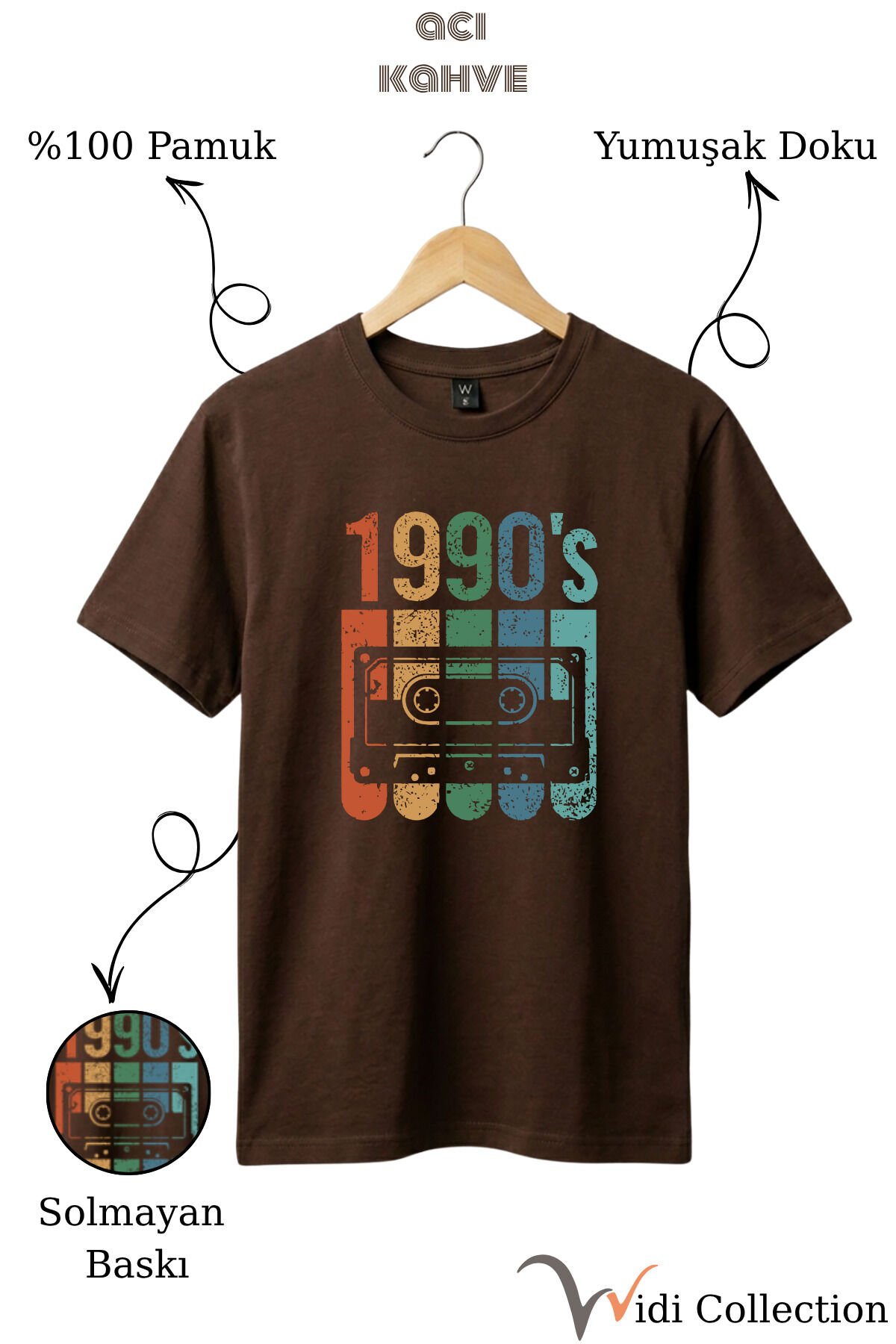 Vintage Retro 1990's Baskılı Kaset %100 Pamuk Regular Fit Bisiklet Yaka T-shirt Koyu Kahverengi - 2XL