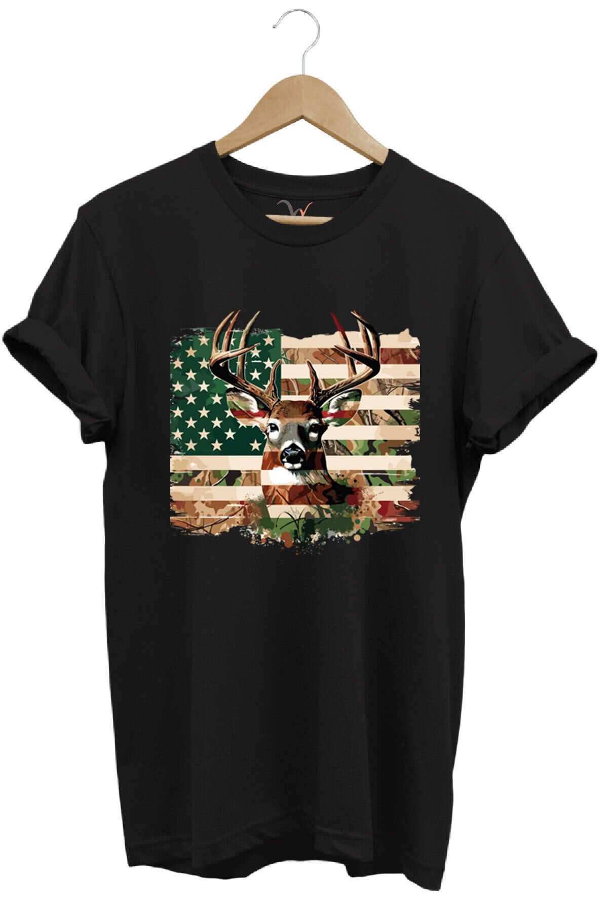 Hunting Avcılık Kamuflaj Geyik Avı Poster Baskılı %100 Pamuk Regular Fit Bisiklet Yaka Haki T-shirt Siyah - 4XL