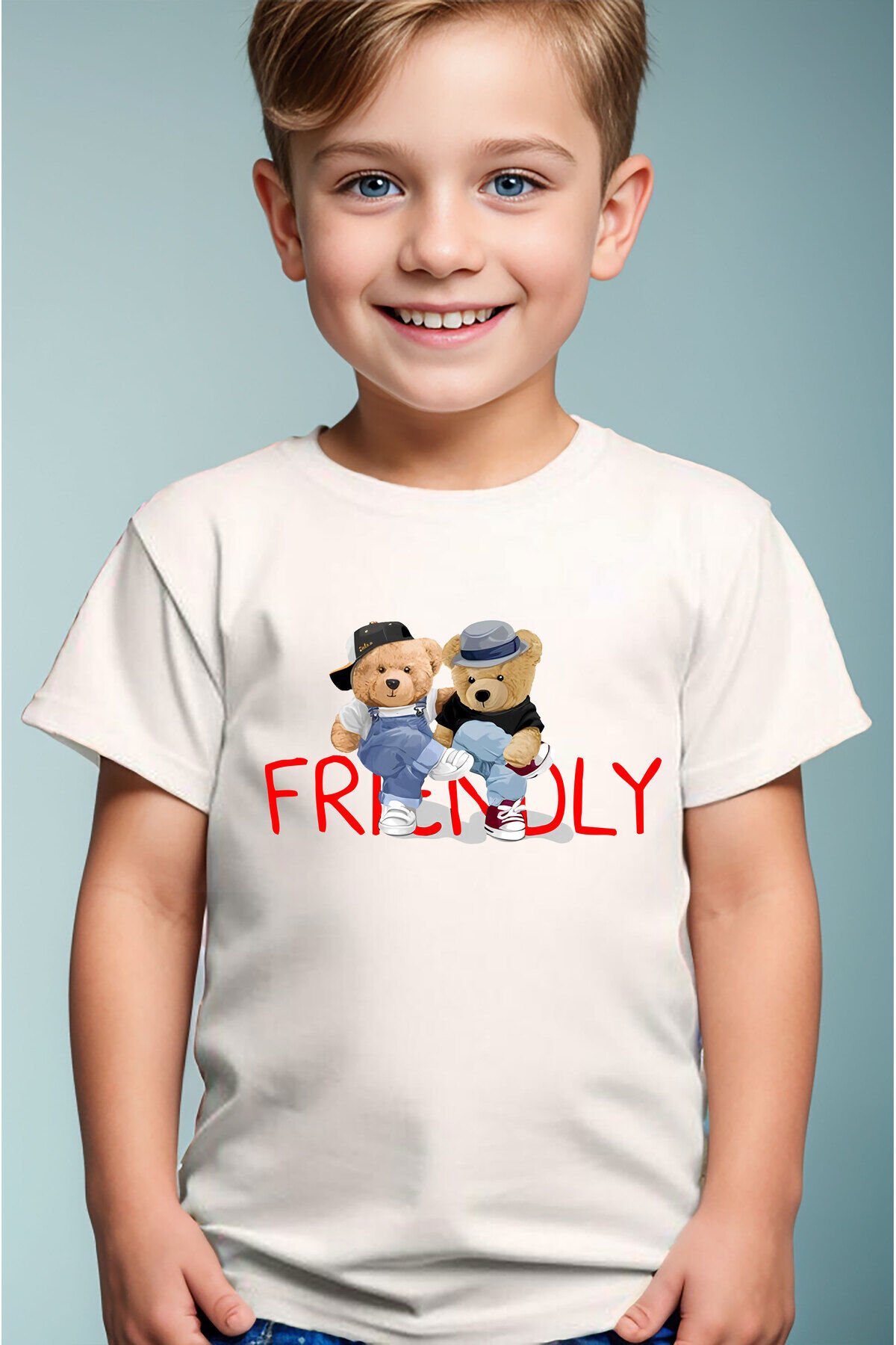 Arkadaş Sevimli Ayıcık Baskılı Friendly Yazılı %100 Pamuk Erkek Çocuk Kız Çocuk Premiu Beyaz T-shirt Beyaz - 13-14 Yaş