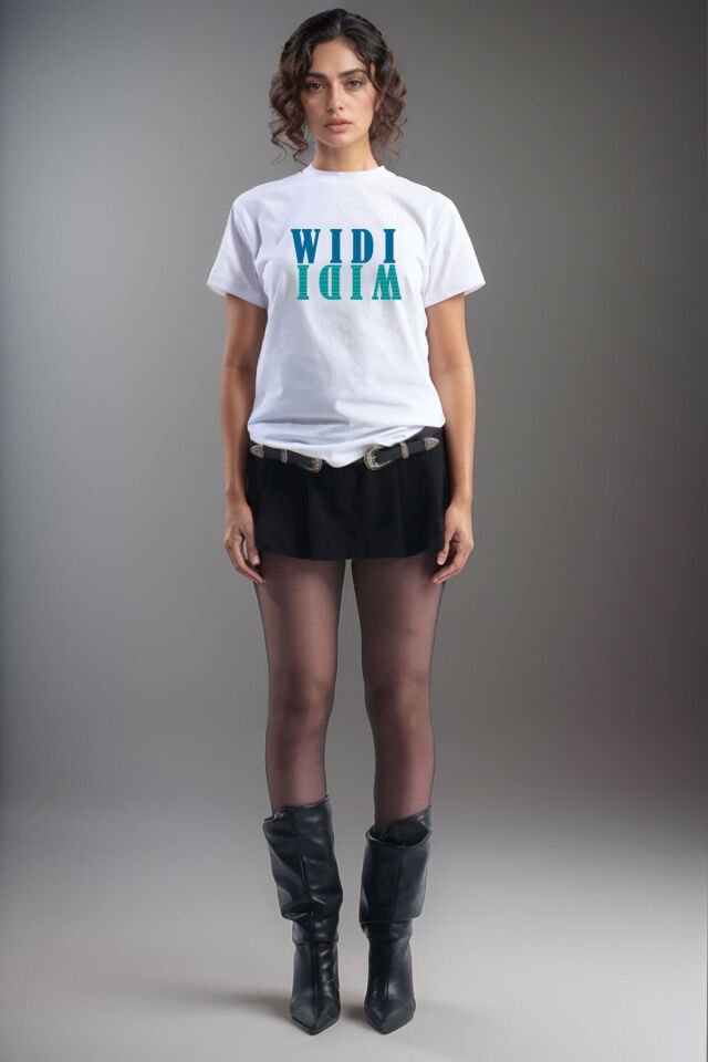 Widi Logo Aynalanmış Tasarım Baskılı %100 Pamuk Regular Fit T-Shirt Beyaz - S