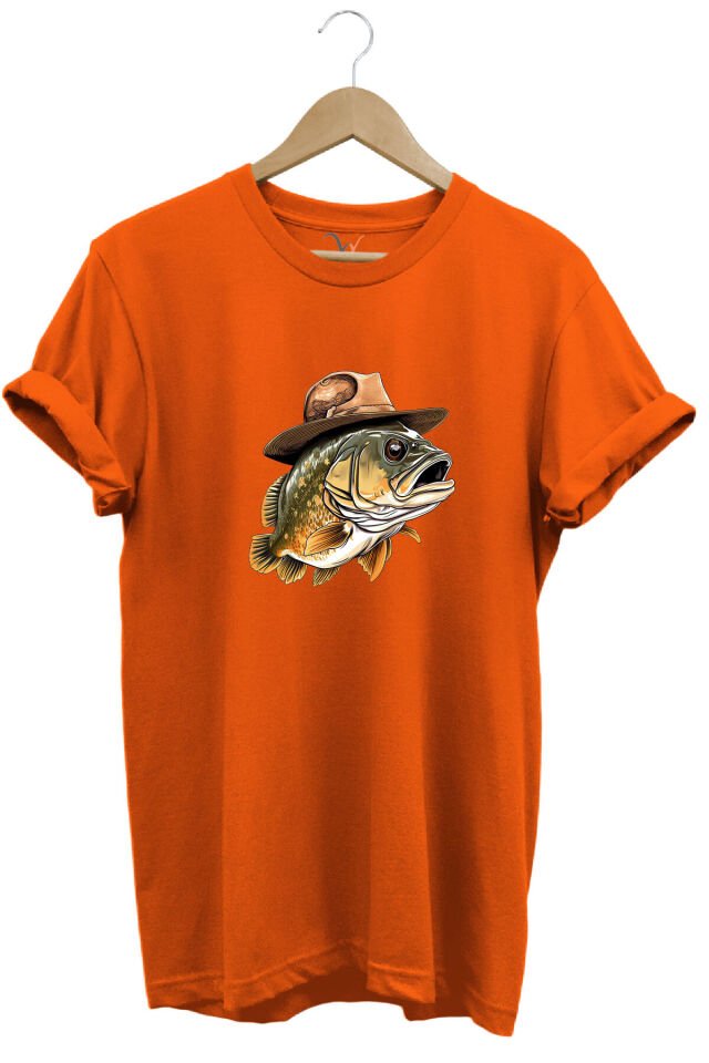 Avcılık Hunting Şapkalı Levrek Balığı Baskılı %100 Pamuk Regular Fit Bisiklet Yaka Gri T-shirt Turuncu - L