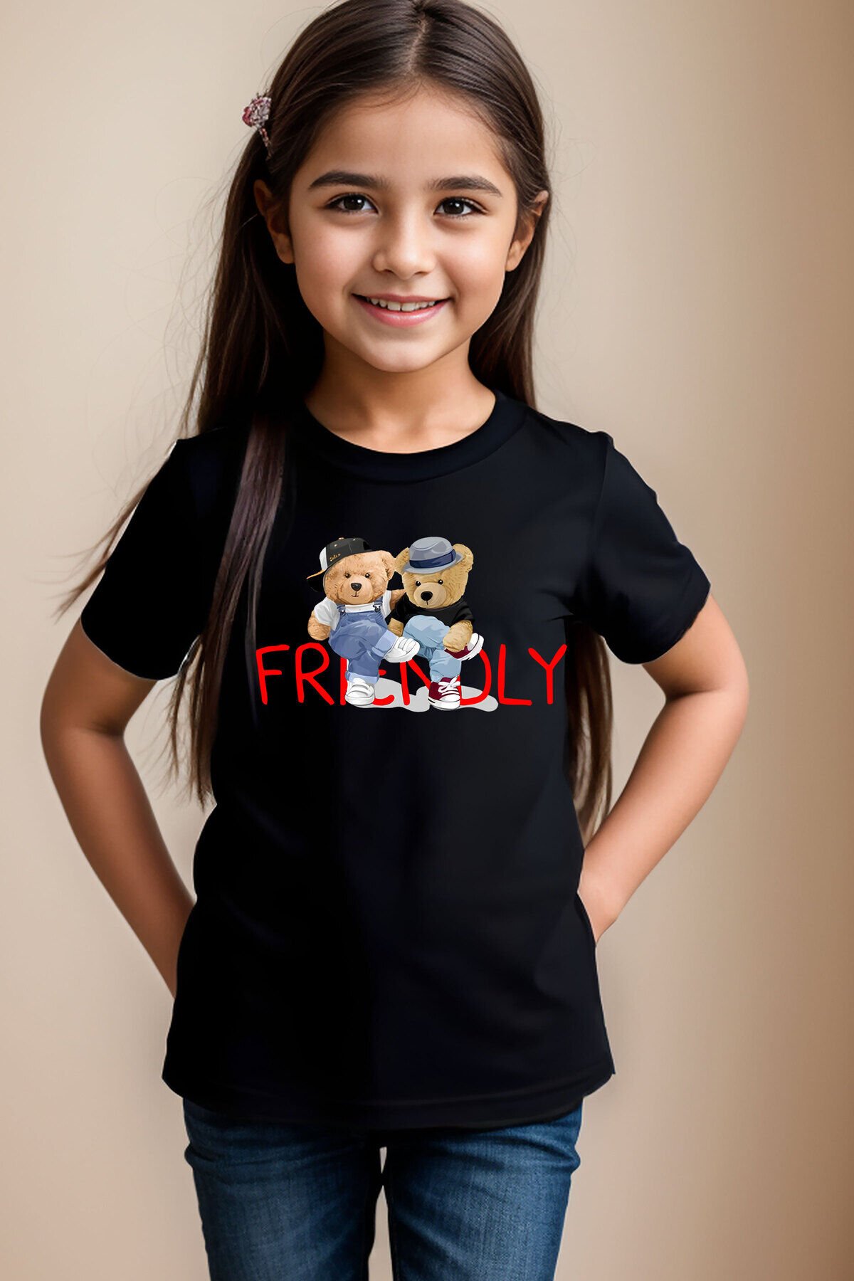 Arkadaş Sevimli Ayıcık Baskılı Friendly Yazılı %100 Pamuk Erkek Çocuk Kız Çocuk Premiu Beyaz T-shirt Siyah - 5-6 Yaş