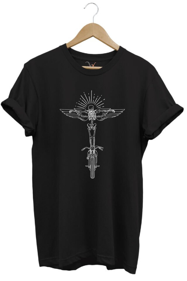 Motorcu Kanat Ve Iskelet Çizgisel Tasarım Baskılı %100 Pamuk Regular Fit Premium Beyaz T-shirt Siyah - M