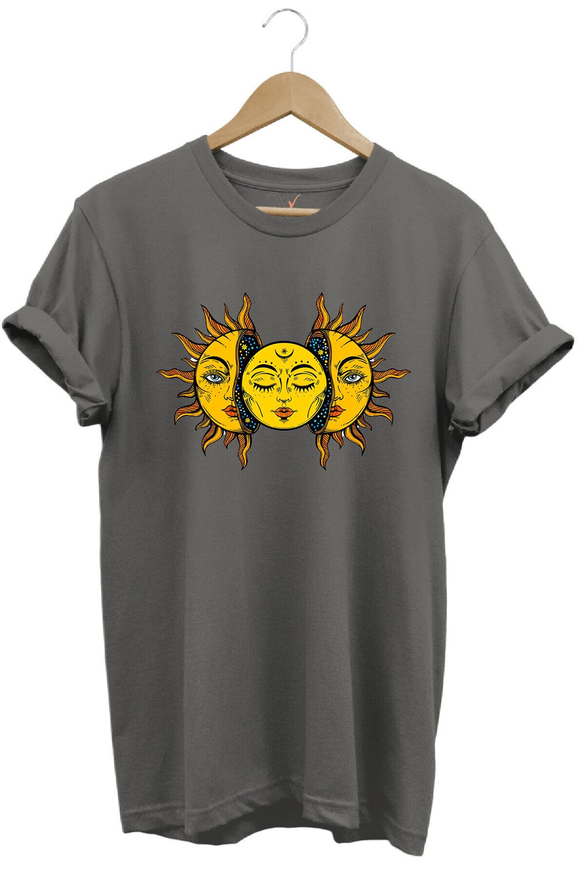 Güneş Baskılı %100 Pamuk Regular Fit Unisex T-Shirt Gri - S