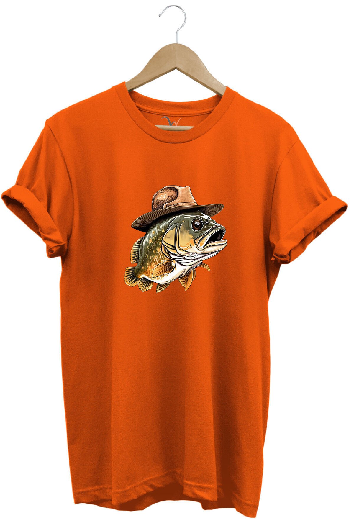Avcılık Hunting Şapkalı Levrek Balığı Baskılı %100 Pamuk Regular Fit Bisiklet Yaka Gri T-shirt Turuncu - 3XL