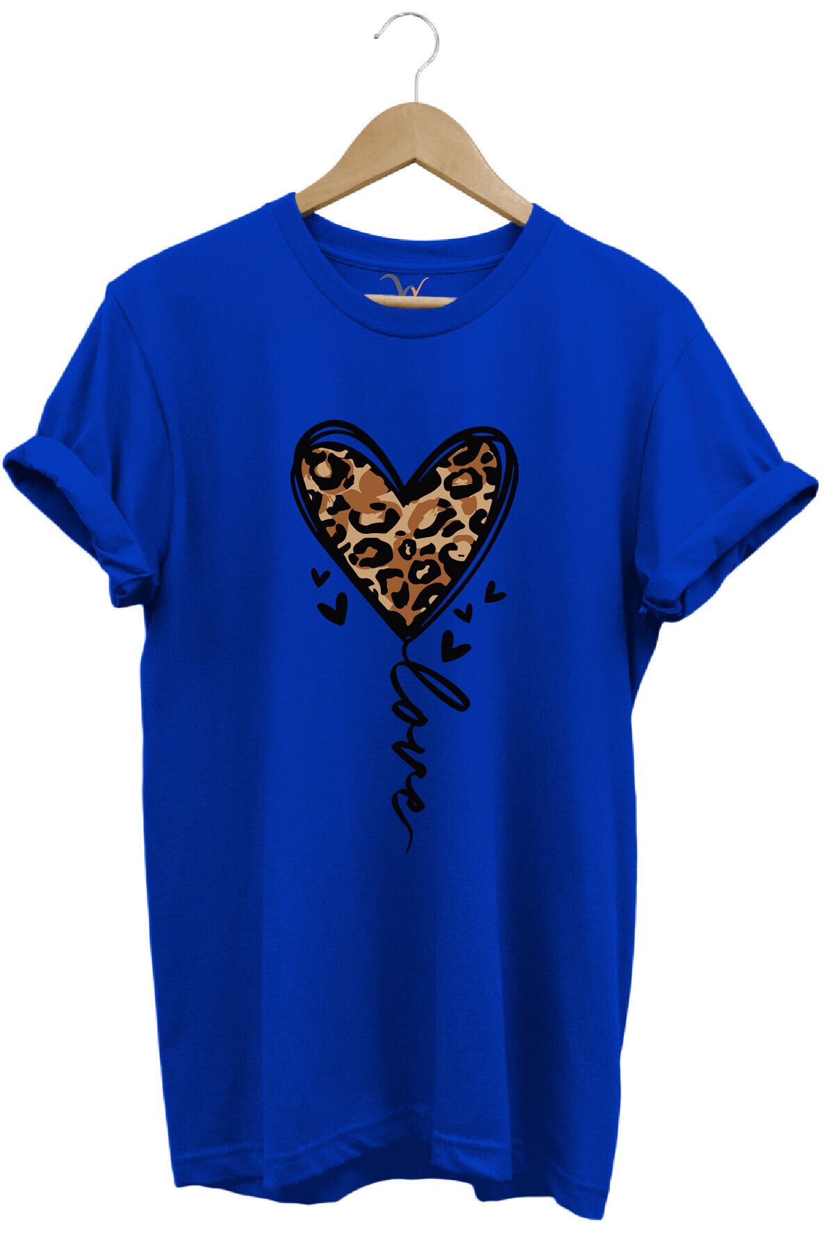 14 Şubat Sevgililer Günü Kalp Leopar Desen Baskılı %100 Pamuk Regular Fit Bisiklet Yaka T-Shirt Mavi - XL