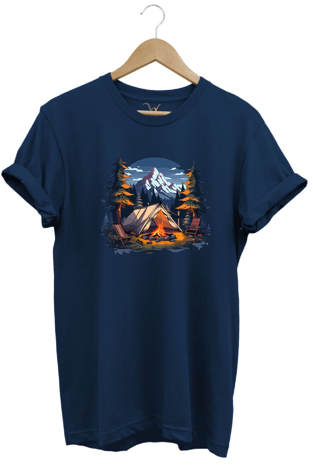 Yazlık Kamp Doğa Çadır ve Dağ Baskılı %100 Pamuk Regular Fit Bisiklet Yaka T-shirt