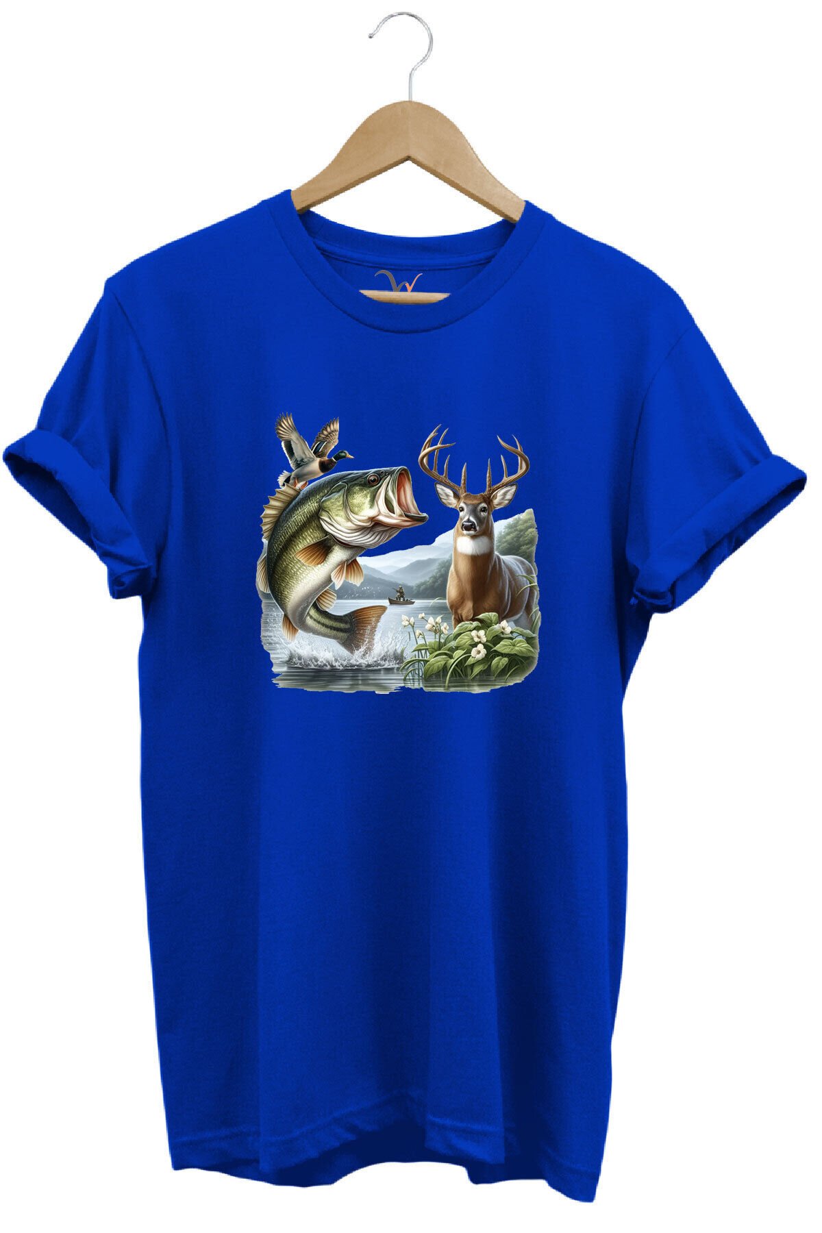 Balıkçılık ve Avcılık Temalı Geyik, Ördek ve Turna Balığı Baskılı %100 Pamuk Regular Fit T-Shirt Mavi - XL