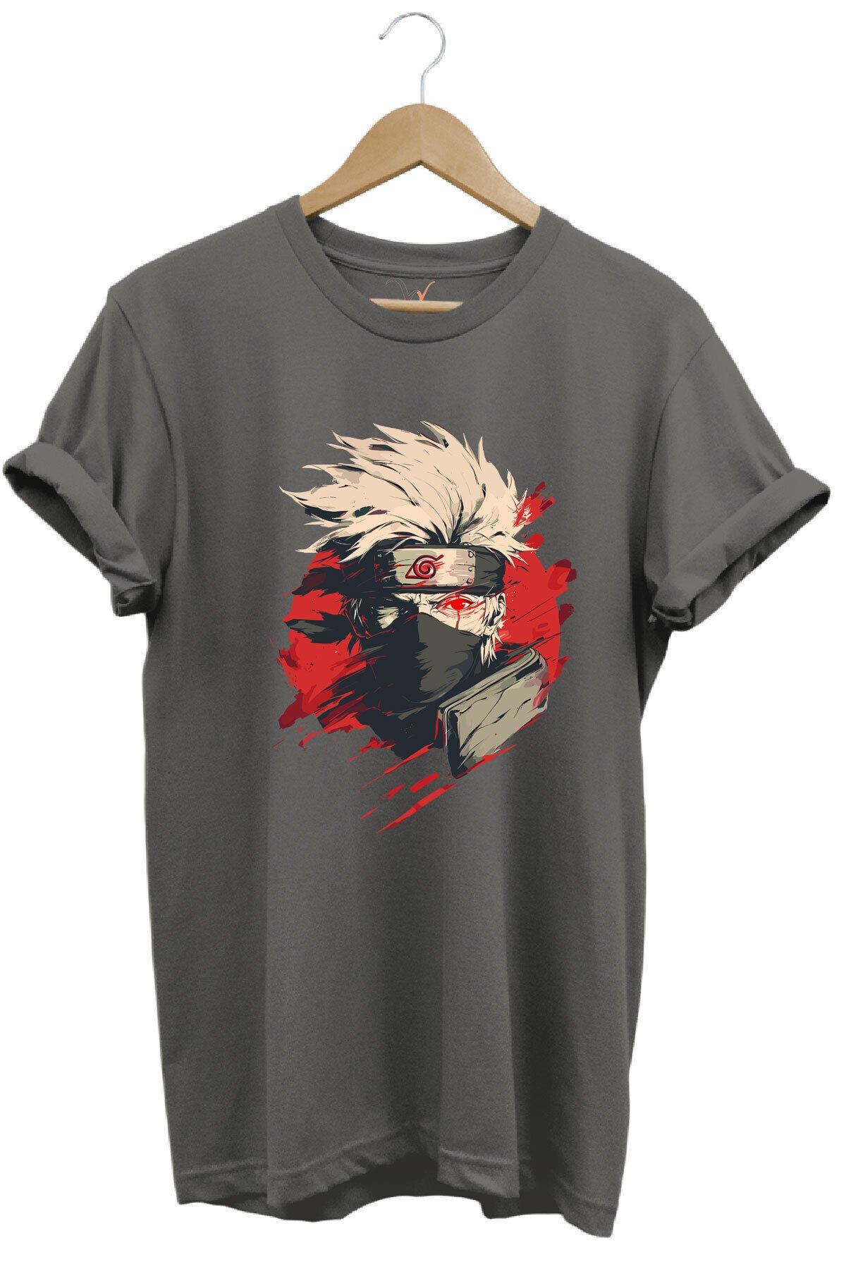 Unisex Streetwear Anime Manga Baskılı Şık Tasarımlı %100 Pamuk Bisiklet Yaka Lacivert T-shirt Gri - 2XL