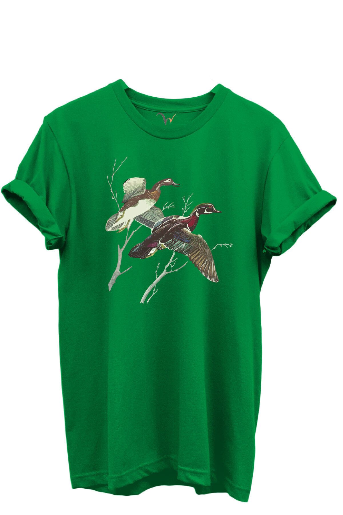 Uçan Yaban Ördekleri Çizim Baskılı %100 Pamuk Regular Fit Bisiklet Yaka Unisex T-shirt Yeşil - L