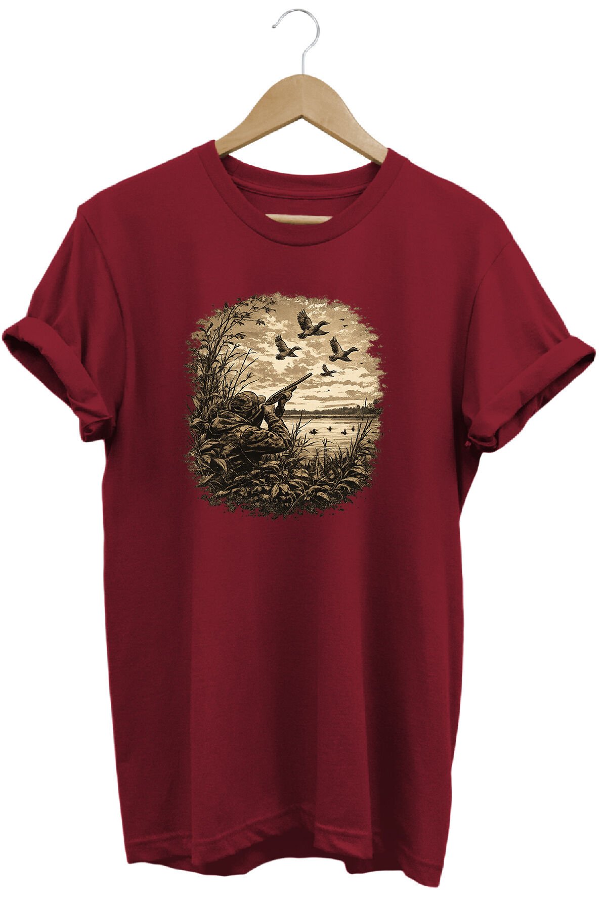Huntwear Atıcılık ve Arazi Köpeği Baskılı Doğa Tişörtü Outdoor Giyim Bordo - M