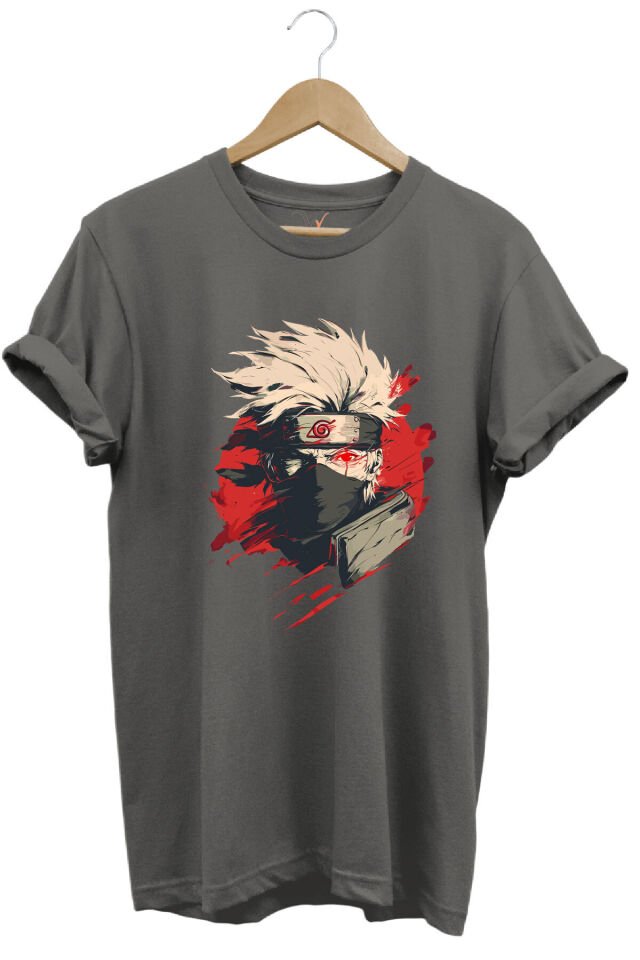 Unisex Streetwear Anime Manga Baskılı Şık Tasarımlı %100 Pamuk Bisiklet Yaka Lacivert T-shirt Gri - L