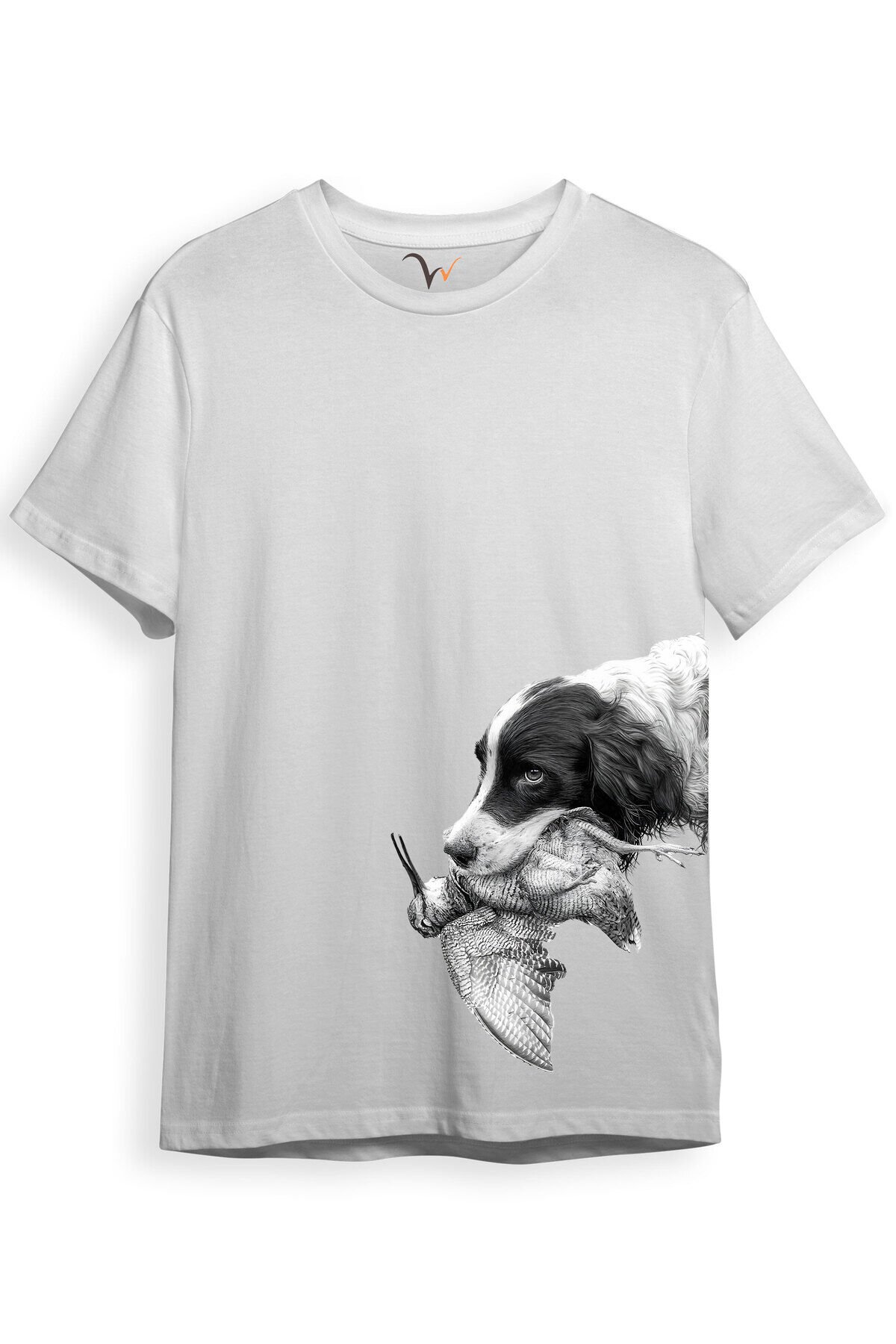 Hunter Avcılık Baskılı Av Köpeği Yan Detay Bakılı Regular Fit Gri T-shirt Beyaz - XL