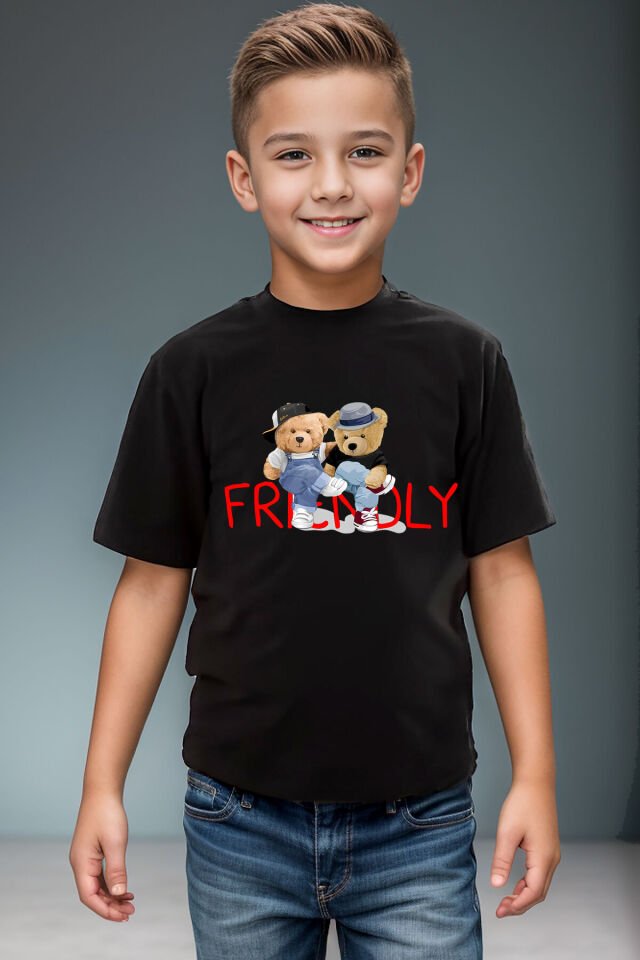 Arkadaş Sevimli Ayıcık Baskılı Friendly Yazılı %100 Pamuk Erkek Çocuk Kız Çocuk Premiu Beyaz T-shirt Siyah - 13-14 Yaş