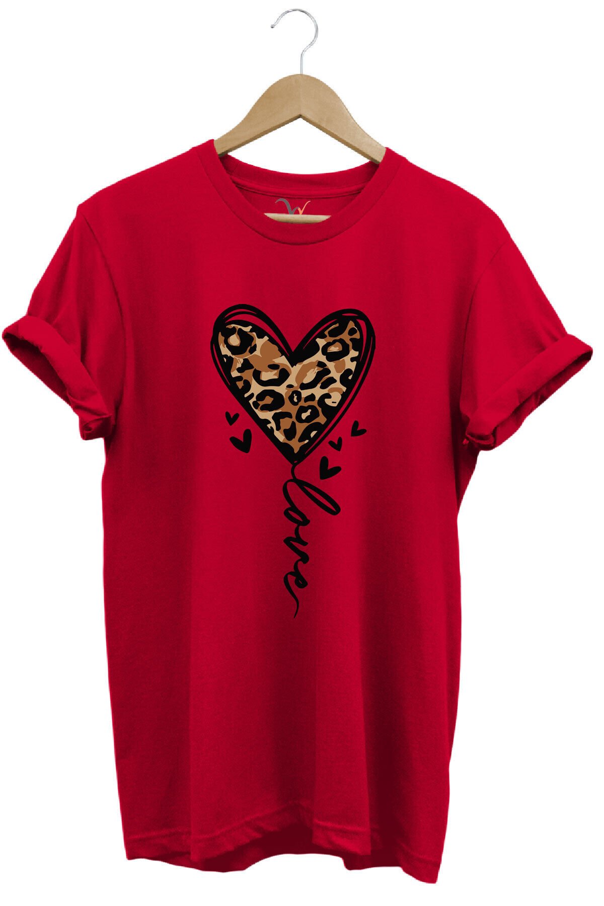 14 Şubat Sevgililer Günü Kalp Leopar Desen Baskılı %100 Pamuk Regular Fit Bisiklet Yaka T-Shirt Kırmızı - 3XL