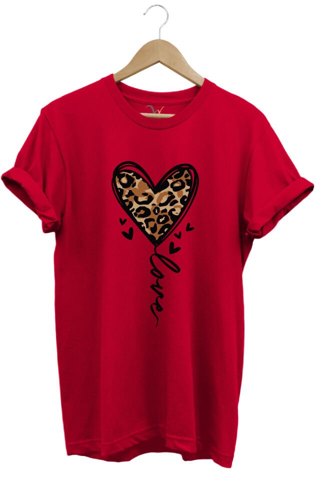 14 Şubat Sevgililer Günü Kalp Leopar Desen Baskılı %100 Pamuk Regular Fit Bisiklet Yaka T-Shirt Kırmızı - 3XL