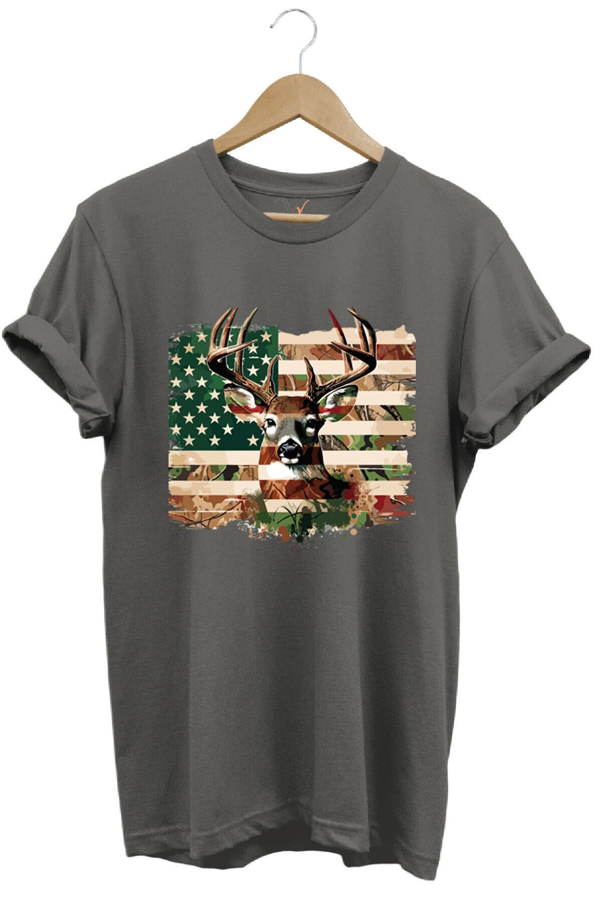 Hunting Avcılık Kamuflaj Geyik Avı Poster Baskılı %100 Pamuk Regular Fit Bisiklet Yaka Haki T-shirt Gri - 2XL