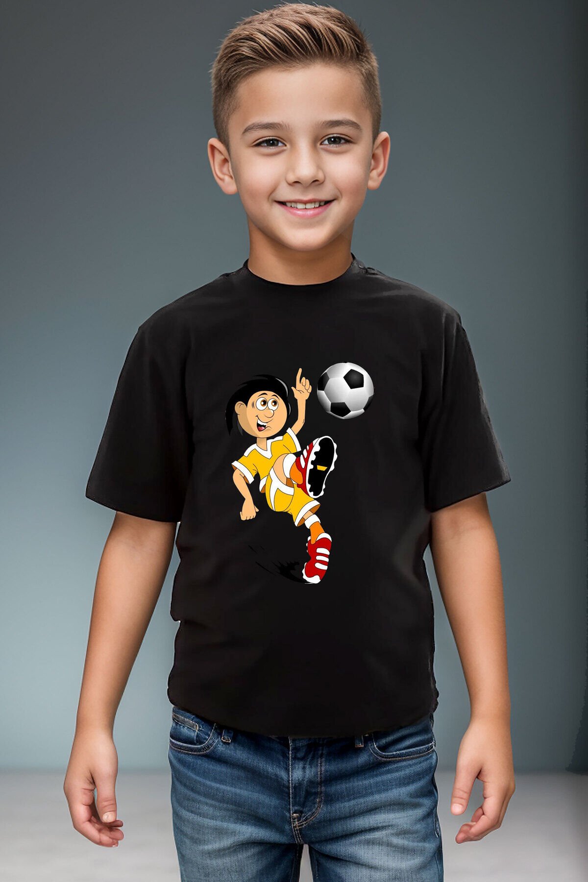 Futbol Topu Ve Vole Futbolcu Baskılı Pamuk Premium Erkek Çocuk Kız Çocuk Siyah T-shirt Siyah - 9-10 Yaş
