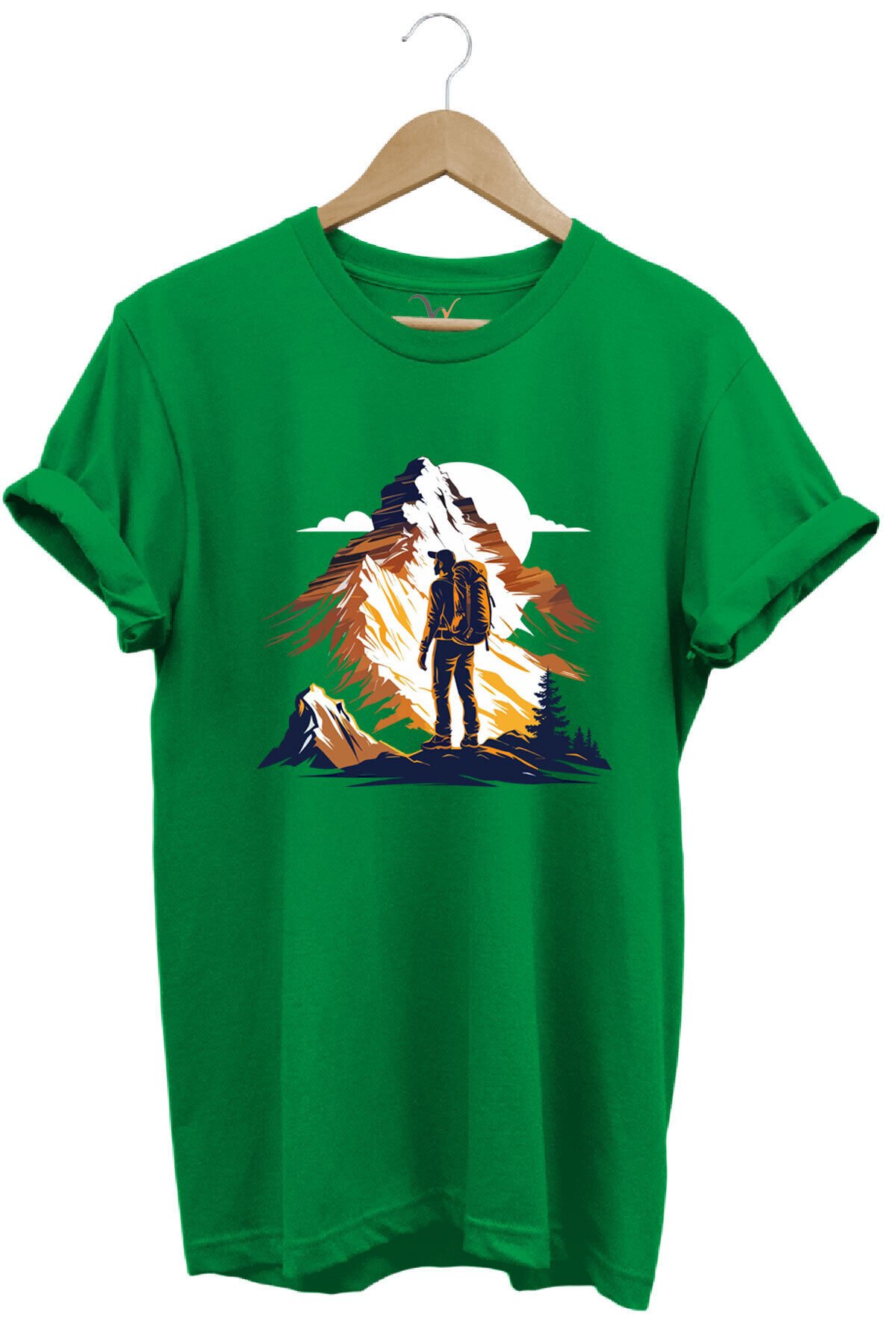Mountain Dağ Yürüyüşü ve Kar Manzara Baskılı %100 Pamuk Unisex Regular Fit T-Shirt Yeşil - 2XL