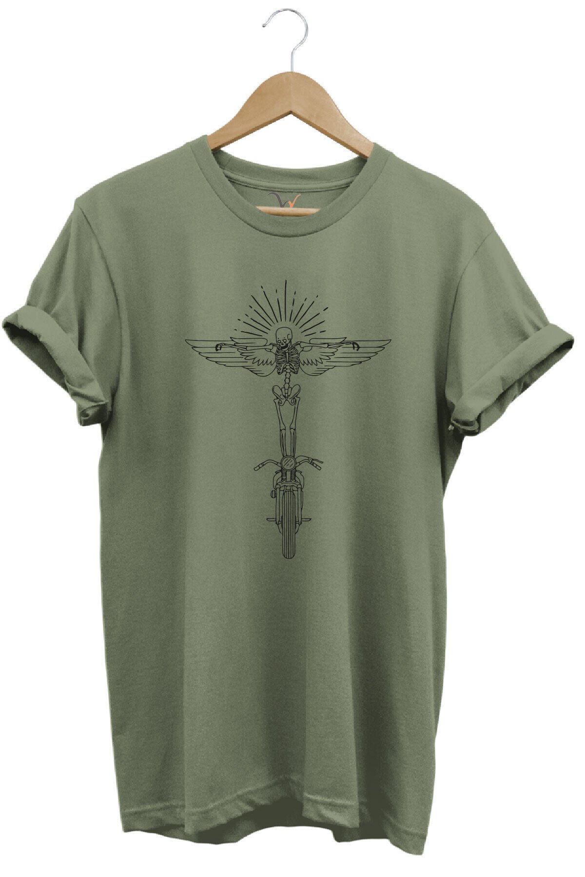 Motorcu Kanat Ve Iskelet Çizgisel Tasarım Baskılı %100 Pamuk Regular Fit Premium Beyaz T-shirt Haki - S