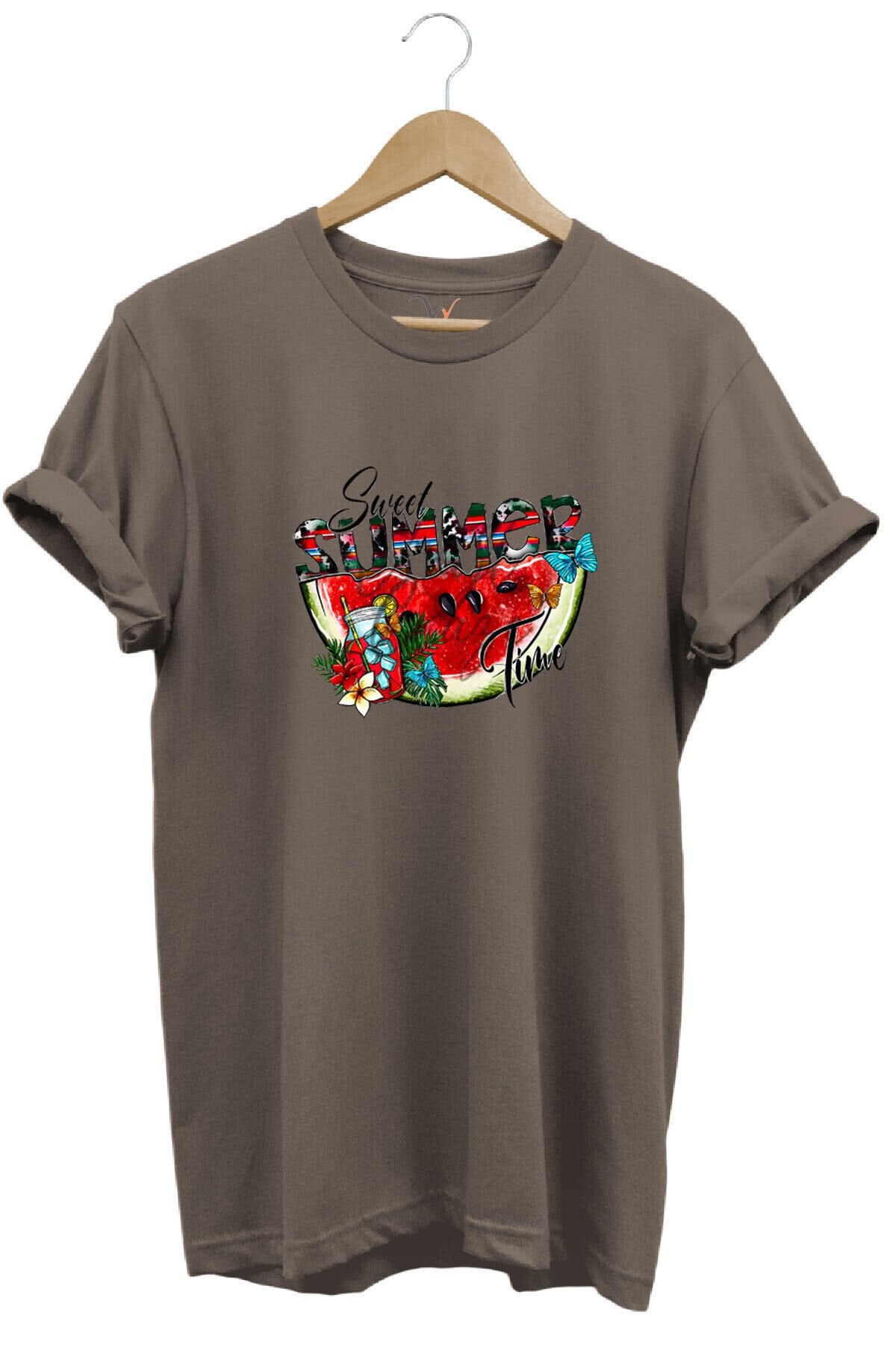 Summer Yazlık Karpuz Tasarım Baskılı %100 Pamuk Regular Fit Kahverengi T-shirt