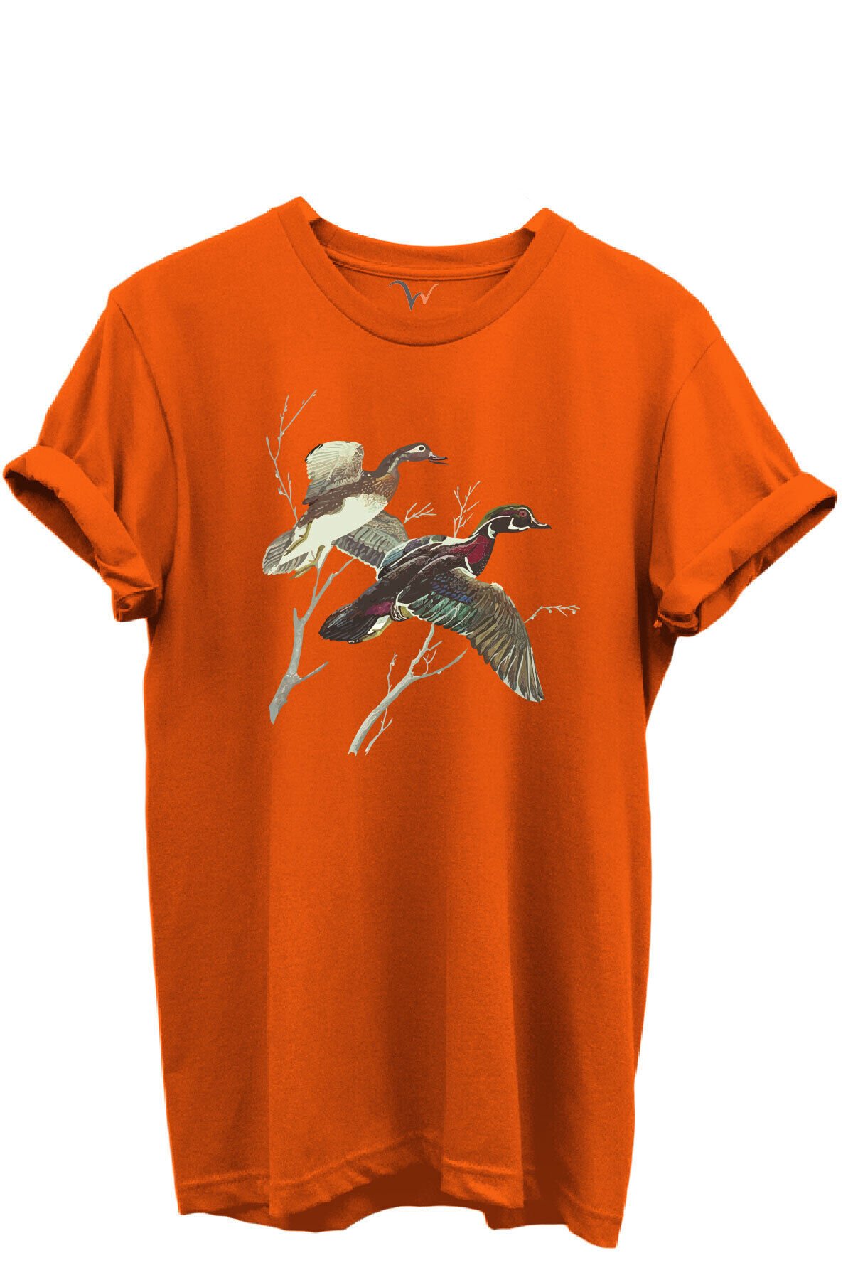 Uçan Yaban Ördekleri Çizim Baskılı %100 Pamuk Regular Fit Bisiklet Yaka Unisex T-shirt Turuncu - L