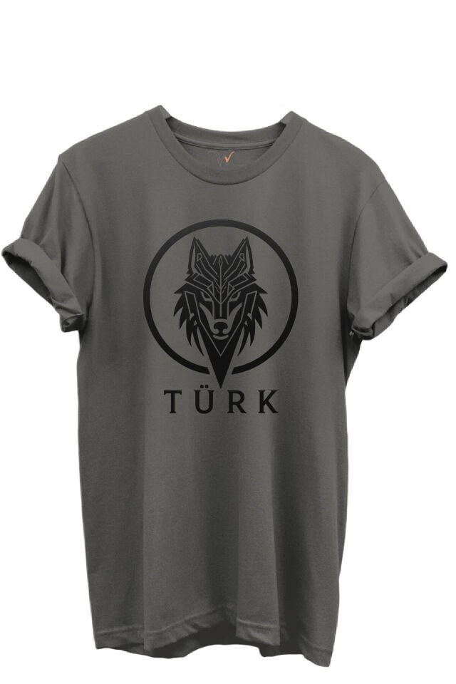 KURT ve TÜRK Özel Koleksiyon Serisi-6 Tasarım Baskılı %100 Pamuk T-shirt Antrasit Gri - 3XL