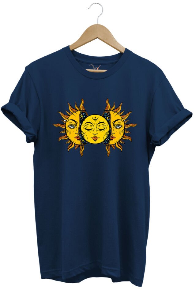 Güneş Baskılı %100 Pamuk Regular Fit Unisex T-Shirt Lacivert - S