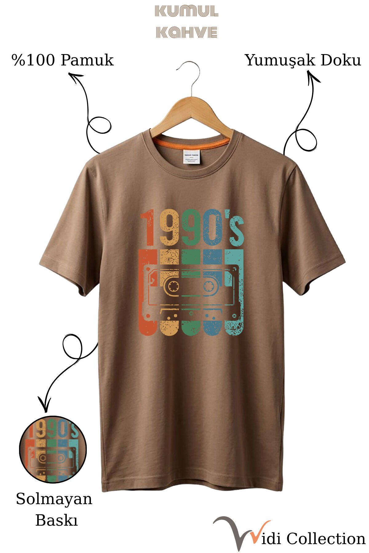 Vintage Retro 1990's Baskılı Kaset %100 Pamuk Regular Fit Bisiklet Yaka T-shirt Açık Kahverengi - 3XL